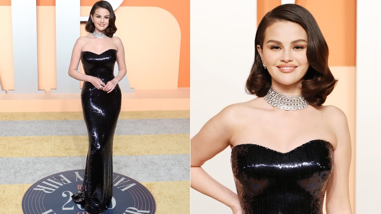 Selena Gomez in a black Armani Privé gown at the 2025 Vanity Fair Oscars Party