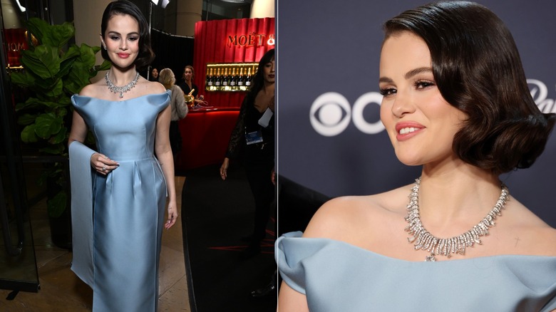 Selena Gomez wearing a blue Prada dress at the 2025 Golden Globes