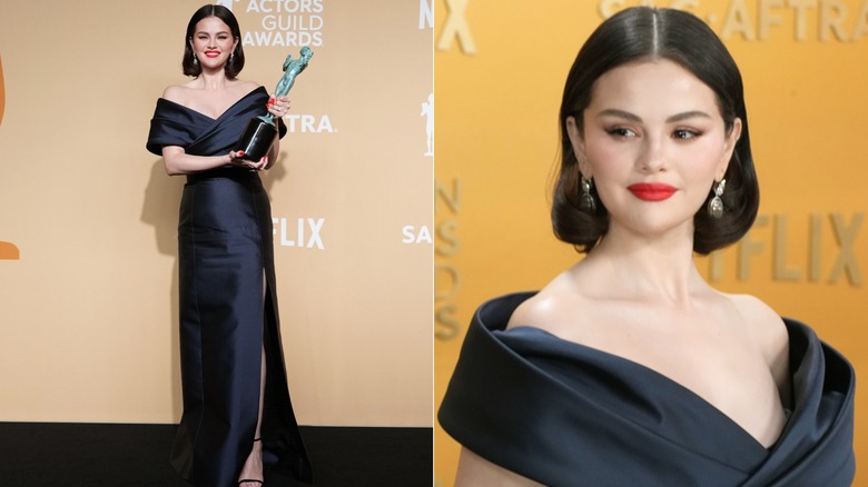 Selena Gomez wearing a dark blue Celine dress at the 2025 SAG Awards