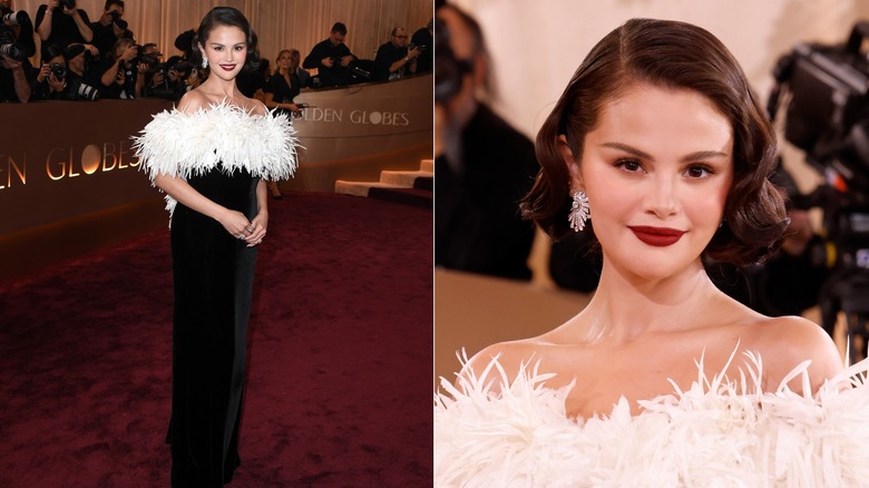 Selena Gomez wearing custom Chanel dress with feathers at the 2026 Golden Globes