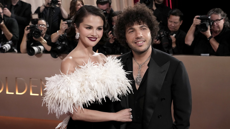 Selena Gomez and Benny Blanco posing at the Golden Globes in 2026