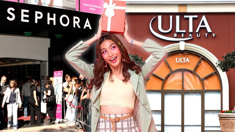 Woman standing between Sephora and Ulta