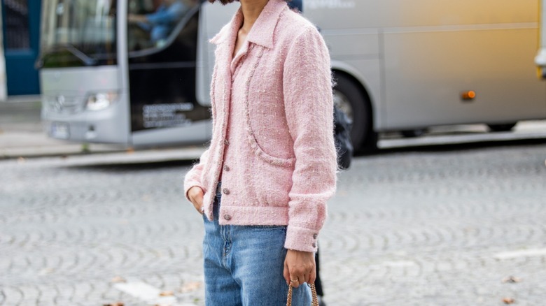 woman wearing pink tweed shacket