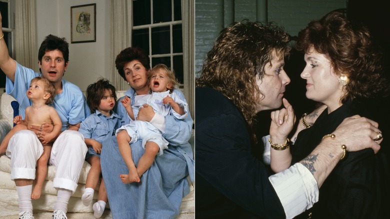 Side by side Sharon Osbourne with her family in the 1980s and Sharon and Ozzy looking at each other
