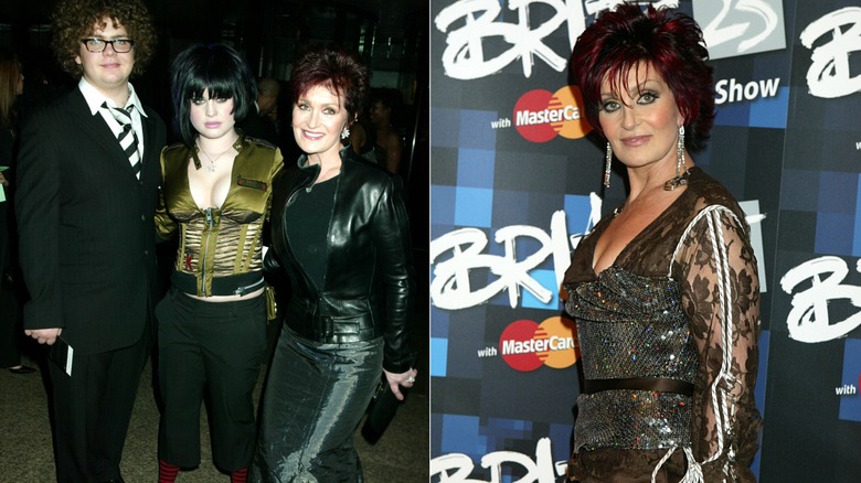 Side by side of Sharon Osbourne with Jack and Kelly in 2003 and Sharon posing in 2005