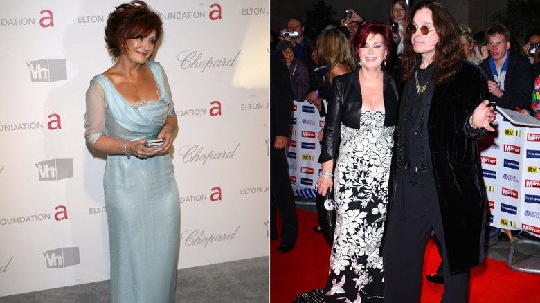Side by side of Sharon Osbourne posing alone and with Ozzy