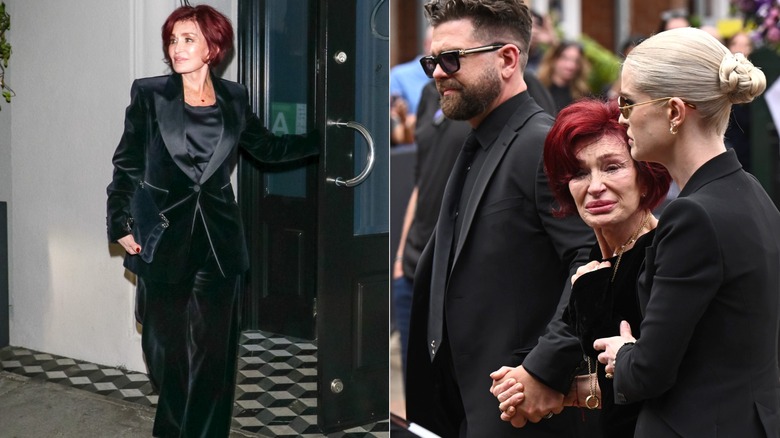 Side by side Sharon Osbourne walking and at Ozzy's funeral with Jack and Kelly