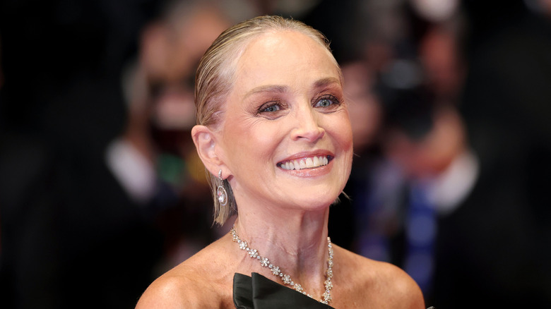 Sharon Stone attends the 2026 Cannes Film Festival in a black off-the-shoulder dress