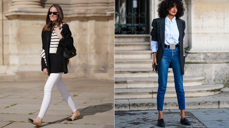 L: A fashion influencer poses for a photo during a street photo session in Paris / R: A guest arrives for the Louis Vuitton show during Paris Fashion Week in 2019