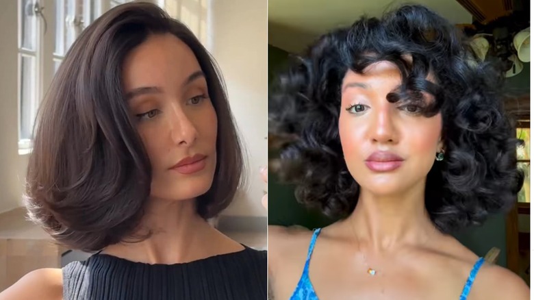 A woman with a straight bouncy bob taking a selfie (L) & a woman with a curly bouncy bob (R)