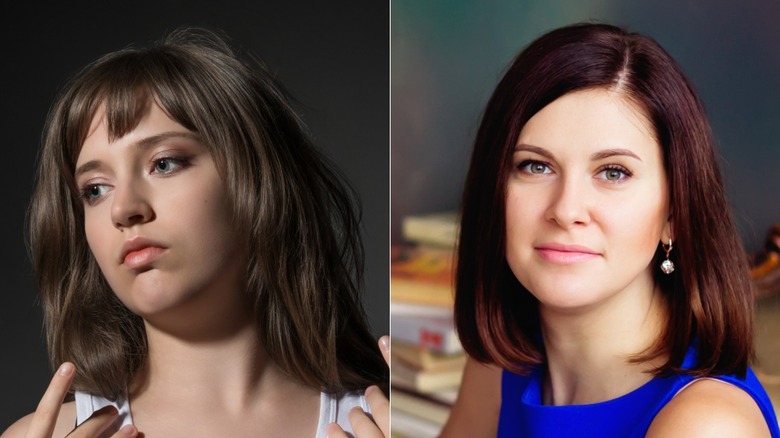 A beautiful woman with a brown lob with bangs (L) & A woman sporting a chic lob haircut (R)