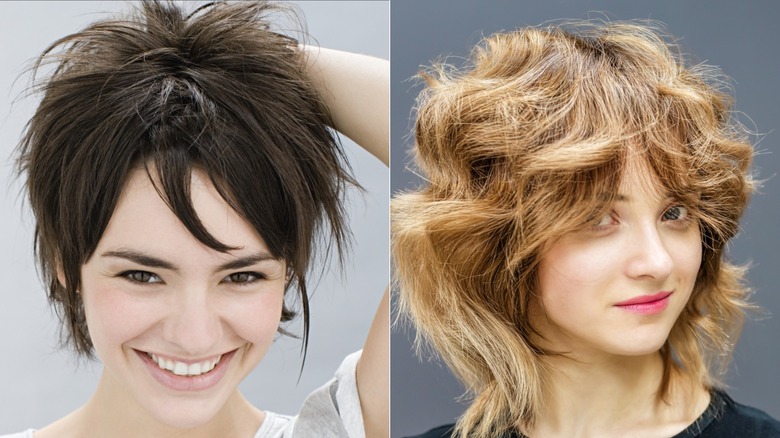 A woman with dark hair wearing a spunky short shag haircut (L) & A woman with brown hair wearing a spunky short shag haircut