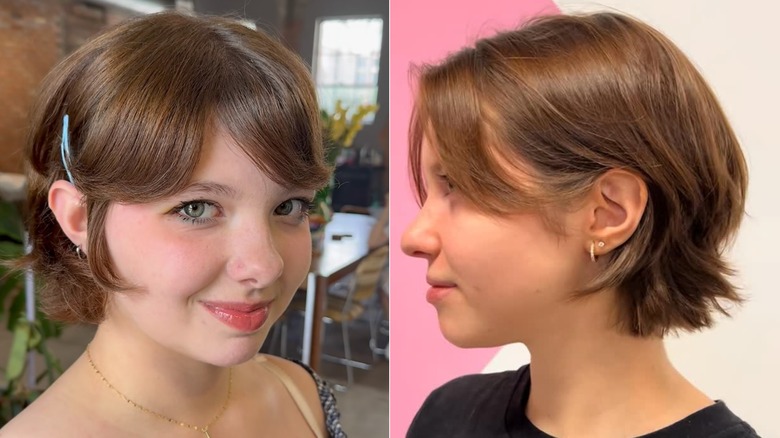 A woman with a fresh and cutesy bixie cut smiling at the camera (L) & side view of a bixie cut (R)