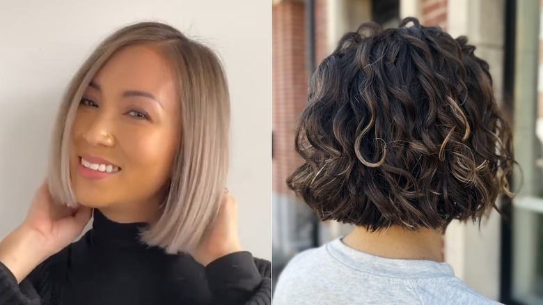 A woman with a straight blunt bob (L) and a woman with a wavy blunt bob (R)