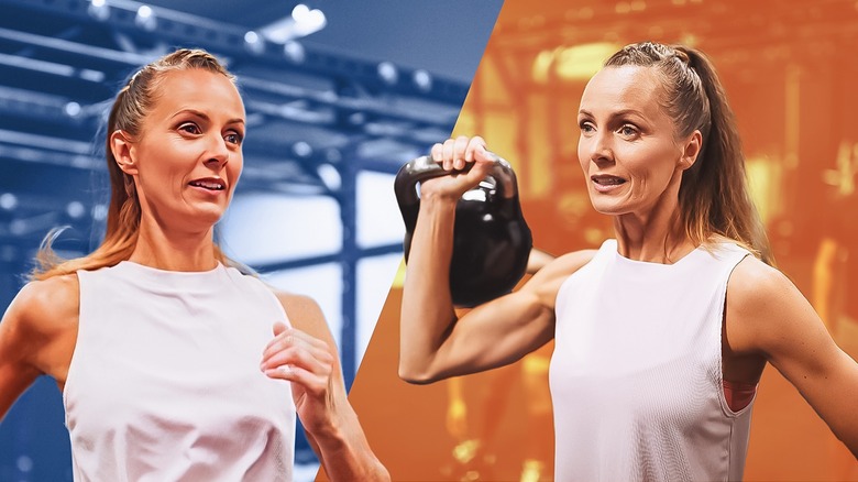 Woman running and lifting a kettlebell