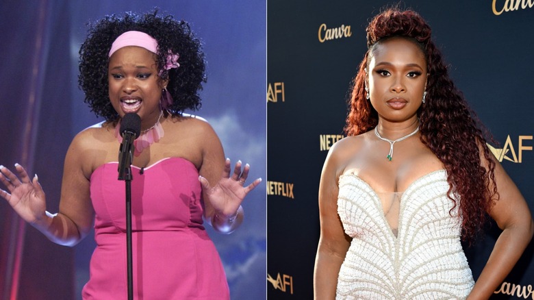 Jennifer Hudson sings on American Idol in 2004 and poses for photos on a red carpet in 2026