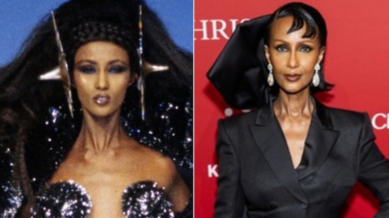 A young Iman walking the catwalk wearing a silver skirt and black cloak / An older Iman wearing a black suit