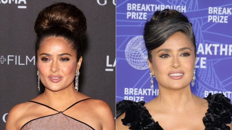 Salma Hayek with gray hair coming through while wearing an updo