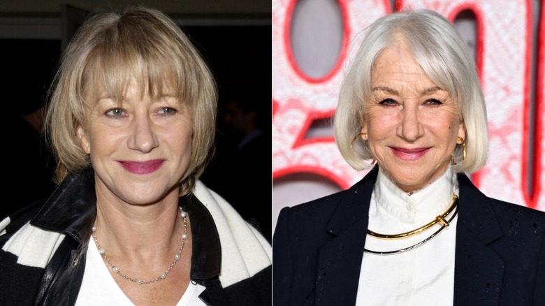 Helen Mirren with blond hair in 2001 and gray hair in 2026