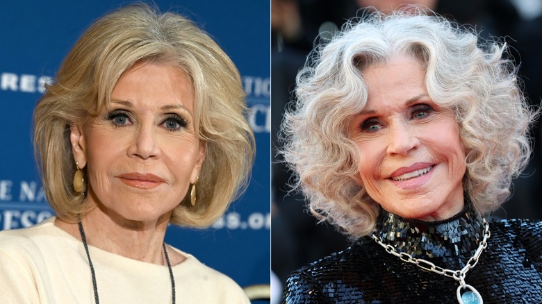 Jane Fonda with blond hair in 2019 and gray hair in May 2026