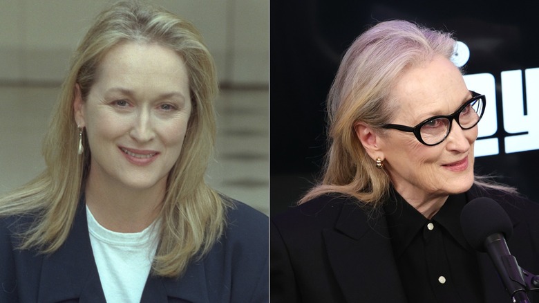 Helen Mirren with blond hair in 1999 and graying blond hair in 2026
