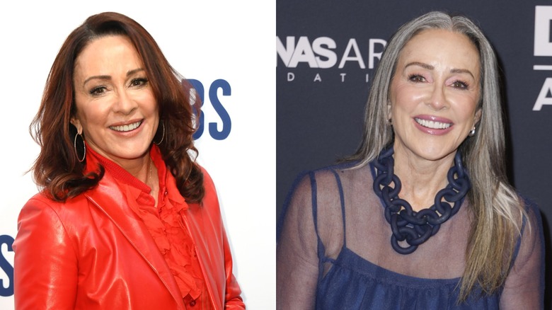 Patricia Heaton with auburn hair in 2019 and gray hair in 2025