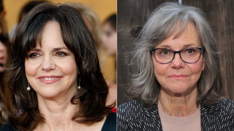 Sally Field with dark-brown hair in 2009 and gray hair in 2025