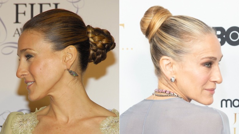 Sarah Jessica Parker wearing her brown hair in a bun in 2006, and her graying hair in a bun in 2026