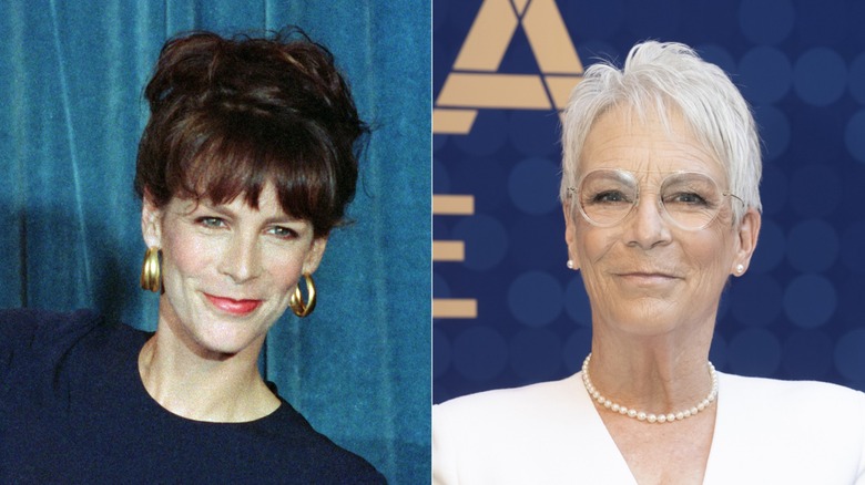 Jamie Lee Curtis with brown hair in 1989 and gray hair in 2026