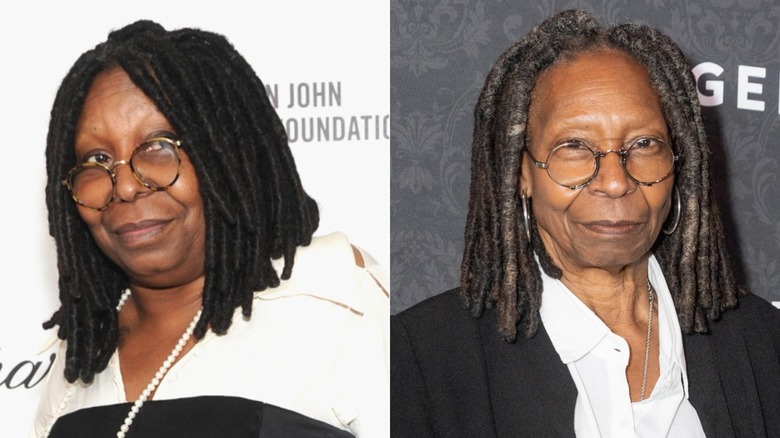 Whoopi Goldberg with black hair in 2014 and gray hair in 2026
