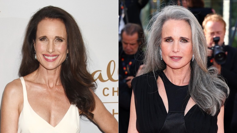 Andie MacDowell with black hair in 2017 and gray hair in 2026