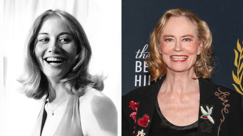 A B&W photo of a young Cybill Shephard smiling. An older Cybill Sherphard smiling.
