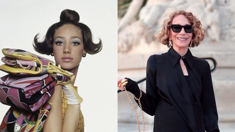 A young Marisa Berenson poses with blue eyeshadow and a flicked bob. An older Marisa Berenson smiles wearing large black sunglasses.