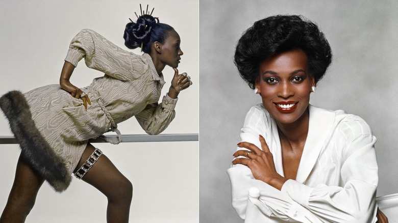 A young Naomi Sims poses leaning on her elbow wearing a fur trim jacket. An older Naomi Sims poses for a portrait wearing red lipstick.