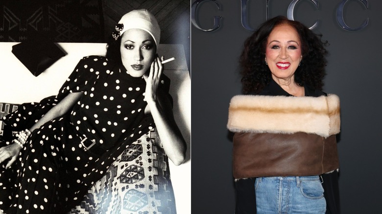 A B&W photograph of Pat Cleveland posing with a cigarette. Pat Cleveland smiles wearing a fur trim shrug.
