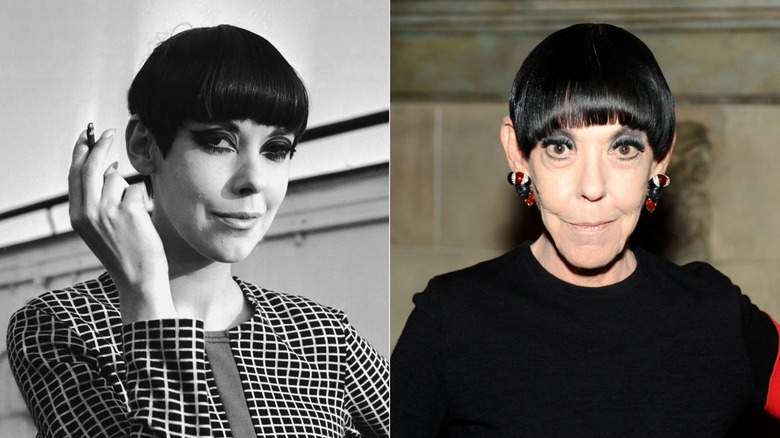 A B&W photo of a young Peggy Moffitt posing with a cigarette. An older Peggy Moffitt poses wearing large earrings.