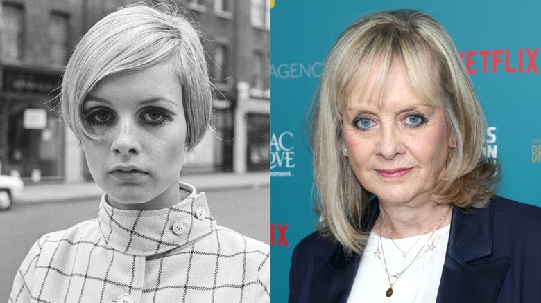 A B&W photo of a young Twiggy wearing bold eyeliner. An older Twiggy posing wearing blue eyeliner and a navy blazer.
