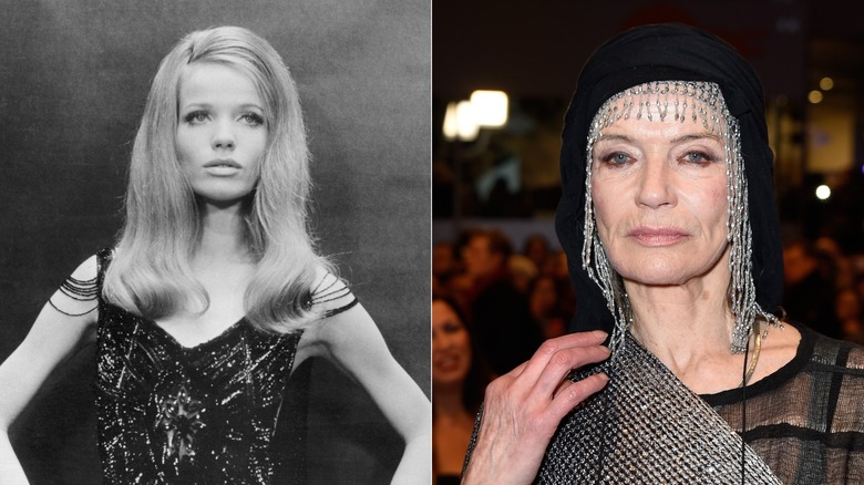 A B&W photo of a young Veruschka von Lehndorff poses wearing an encrusted dress. An older Veruschka von Lehndorff poses wearing a silver headpiece.
