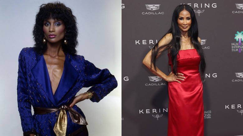 A young Beverly Johnson wearing a purple blazer / An older Beverly Johnson wearing a red strapless satin dress