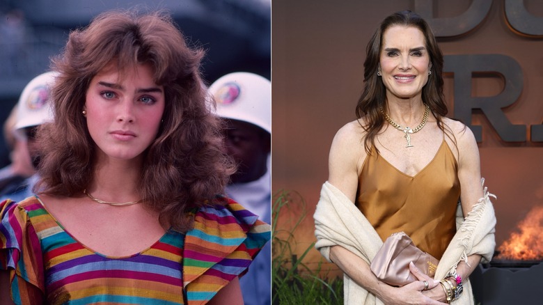 A young Brooke Shields wearing a striped top / An older Brooke Shields wearing a rust satin dress