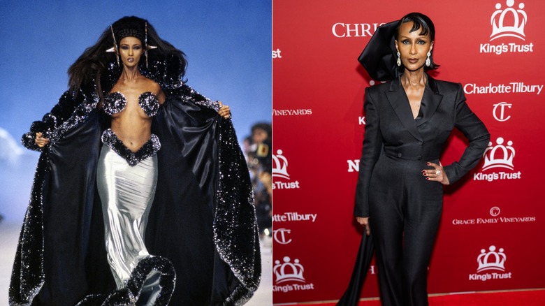 A young Iman walking the catwalk wearing a silver skirt and black cloak / An older Iman wearing a black suit