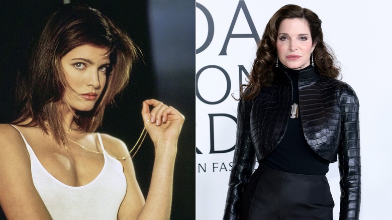 A young Stephanie Seymour wearing a white vest / An older Stephanie Seymour wearing a black snake skin jacket