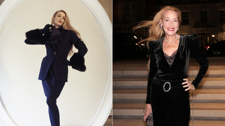 A young Jerry Hall wearing a blue tailored suit / An older Jerry Hall wearing a black velvet dress