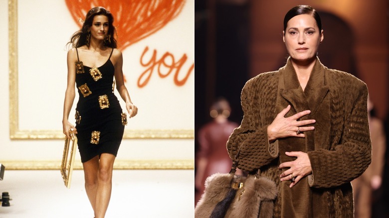 A young Yasmin Le Bon wearing a black minidress on the runway / An older Yasmin Le Bon wearing a brown fur coat