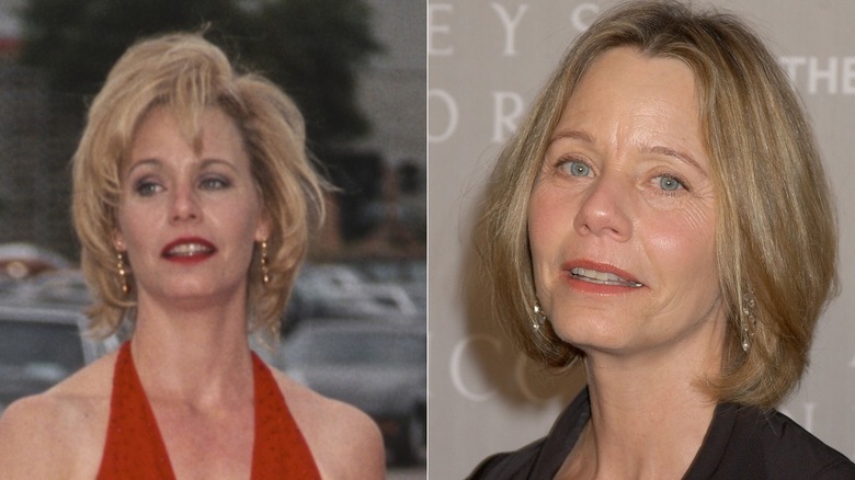 Split image of Susan Dey with her hair in a layered bob wearing a red halter-neck dress on the left and with a sleek bob on the right.