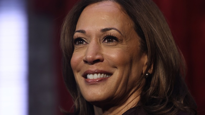 Close-up of Kamala Harris. She is an older woman with light brown skin and brown straight hair.