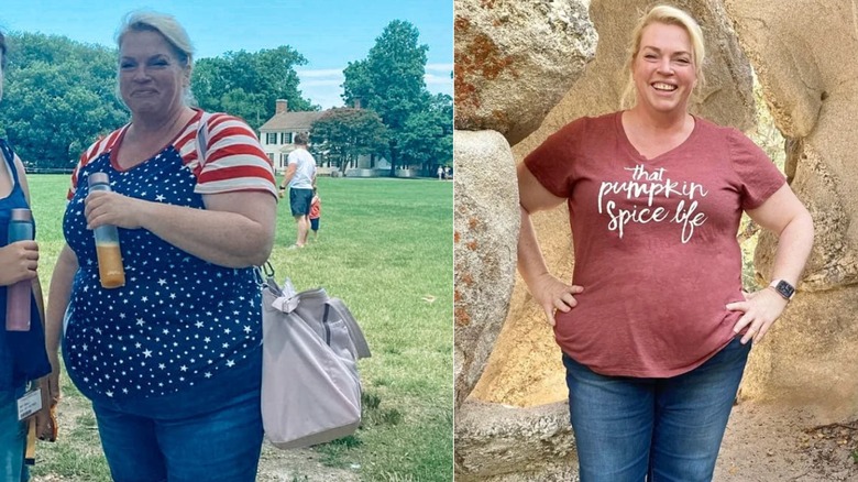 Side by side photos of Janelle Brown's weight-loss journey results