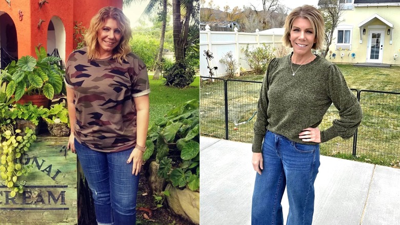Meri Brown poses in side-by-side photos from before and after significant weight loss