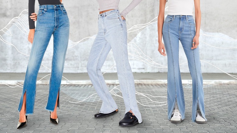 Three women wearing split-hem jeans