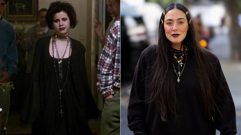 Side by side: Fairuza Balk in a scene from "The Craft" and a woman wearing black and lots of jewelry